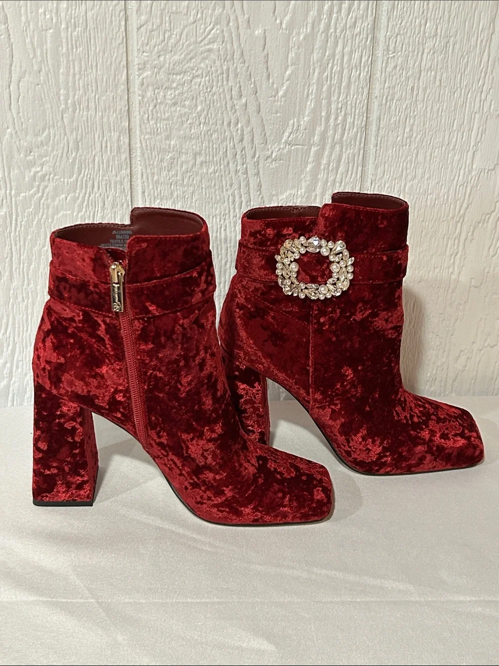Jessica Simpson Burgundy Red Velvet Crystal Buckle Ankle Boots